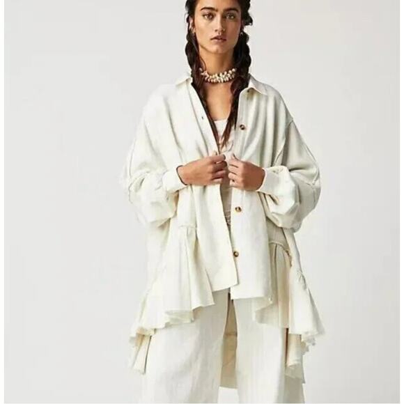 Free People white layered ruffle sweatshirt shacket - Picture 1 of 7